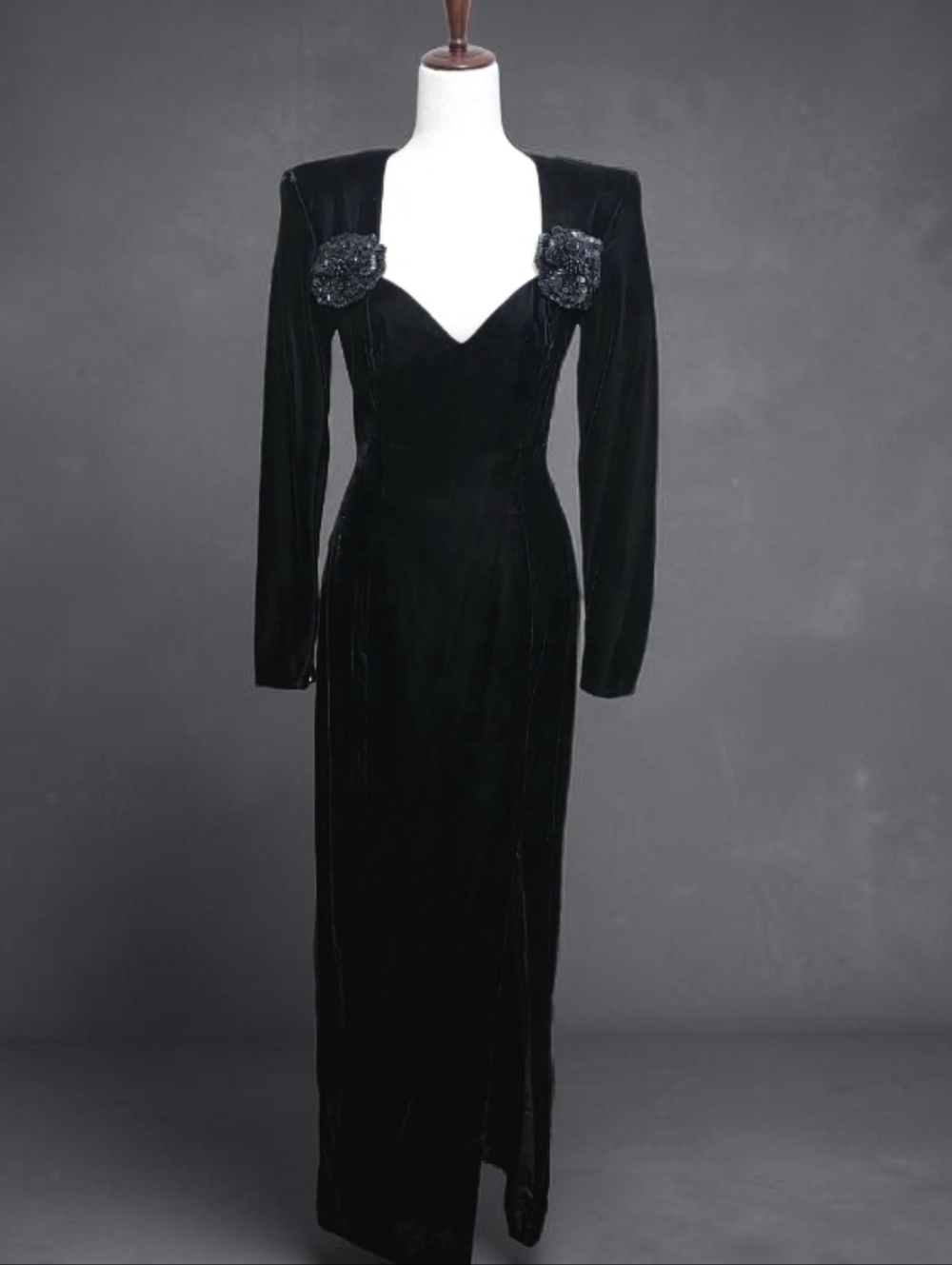 Vintage 80s Lillie Rubin Black Velvet Evening Gown Beaded Formal Dress